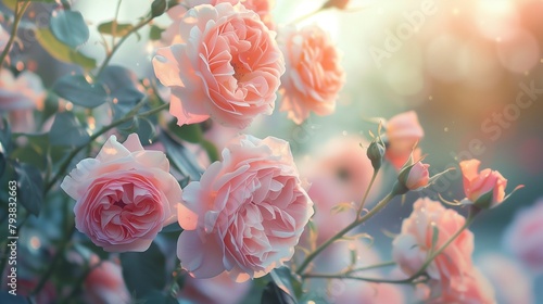 Pastel-colored Floribunda roses in a dreamy garden setting.