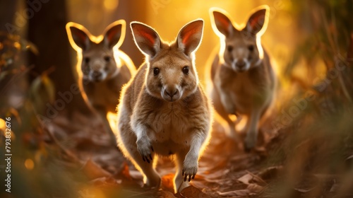 A group of kangaroos gracefully bounding through a dense forest