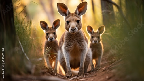 A group of kangaroos standing gracefully in a lush forest setting photo