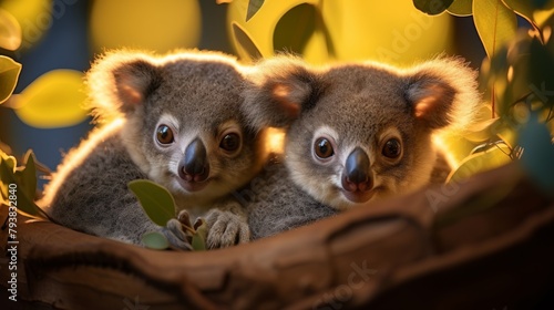 Two koalas, small marsupials with fluffy grey fur and large ears, are peacefully sitting on a high tree branch, surrounded by lush foliage