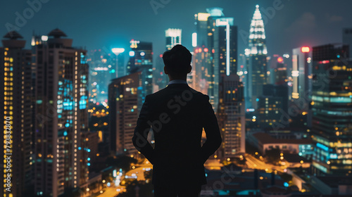 Buisnessman wearing black suit in office at night, cityscape photo