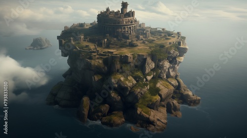 AI generated illustration of a castle on an island with rocks in the foreground