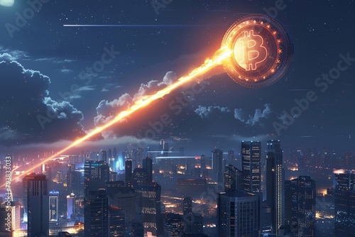 Conceptual art piece featuring the Bitcoin comet over a futuristic cityscape, highlighting the impact of cryptocurrency on modern society , 3DCG photo