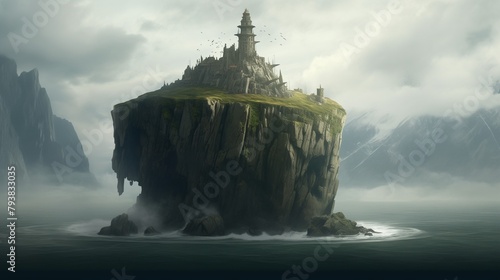 AI generated illustration of a castle on a cliff in the vast ocean