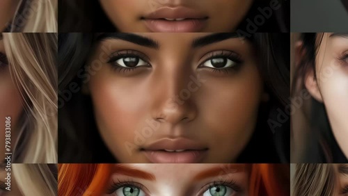 Human female faces composition timelapse. Diversity and uniqueness concept. Close up on faces looking into the camera