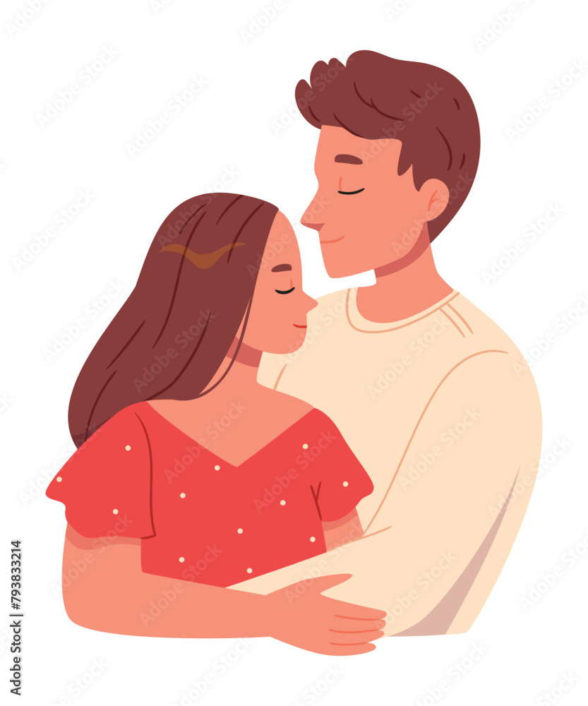 Love tenderness and romantic feelings concept. Young loving smiling couple boy and girl standing hugging embracing each other feeling in love vector illustration
