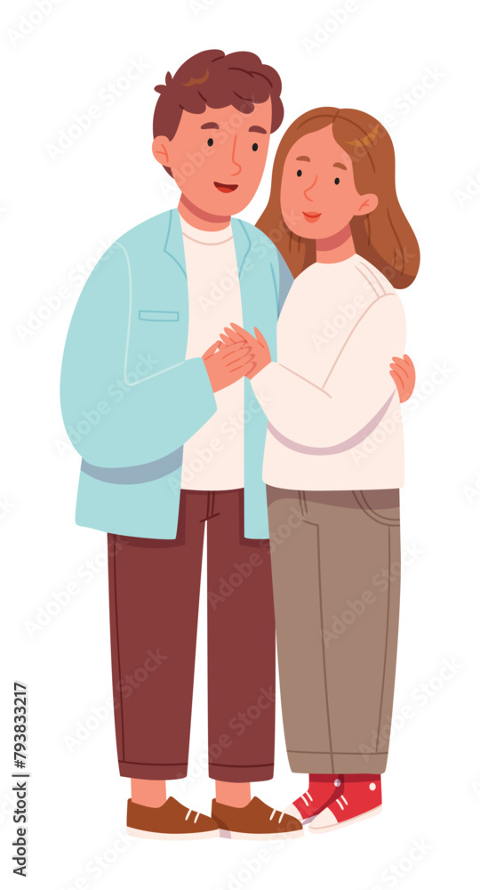 Love tenderness and romantic feelings concept. Young loving smiling couple boy and girl standing hugging embracing each other feeling in love vector illustration Love tenderness and romantic feelings concept. Young loving smiling couple boy and girl standing hugging embracing each other feeling in love vector illustration