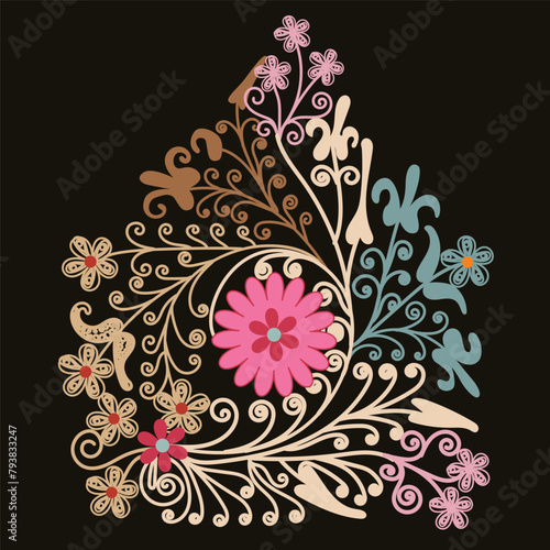 Flower shape suzani pattern - embroidery traditional carpet element, using in home decor and fashion industry, Uzbekistan souvenirs 
