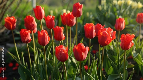 Red tulips bloom in the garden during spring