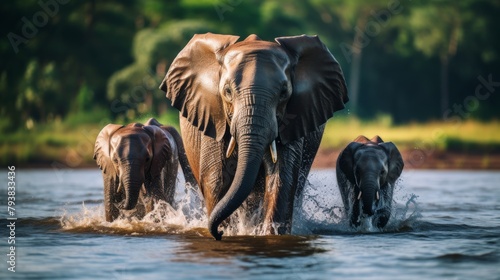 A herd of elephants gracefully walking across a river, creating a breathtaking sight of nature in motion