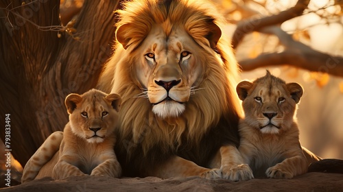 A magnificent lioness watches over her two lively cubs as they sit on a warm rock