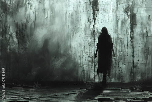 Grunge wall and dark figure, There is a man standing in the fog with a hat on
