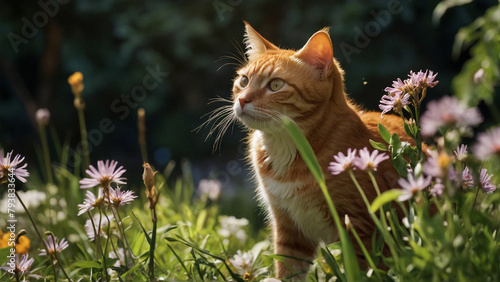 orange cat surronded by flowers and vegetation outside, and day time looking to the left photo