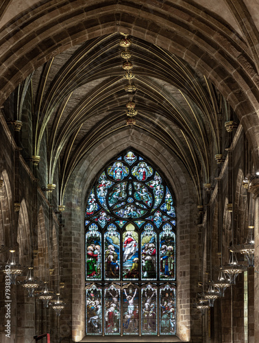 Beautiful Glass stained window inside of The thistle chapel in St Giles' Cathedral or the High Kirk. The most important place of worship in the Edinburgh, Space for text, Selective focus.