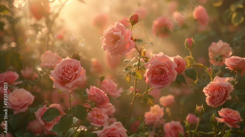 Sunlight filtering through layers of pink rose blossoms.