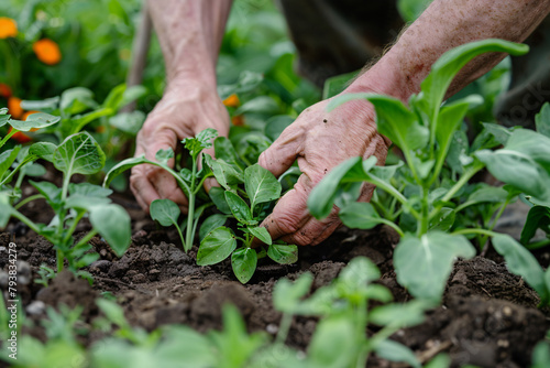 Close up of man's hands harvesting salad in vegetable garden