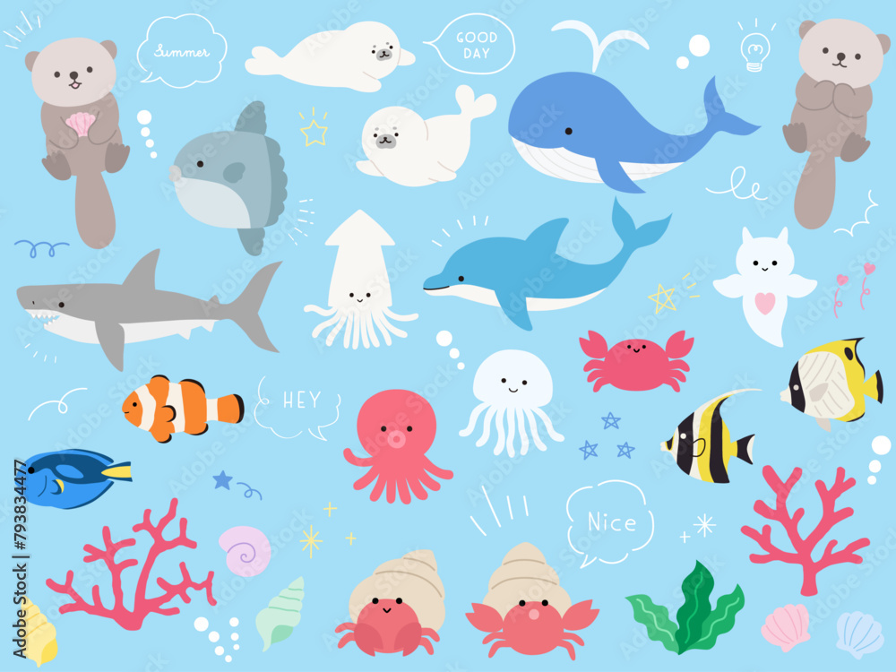 かわいい海の生き物のベクターイラストセット。海、水族館 Stock …