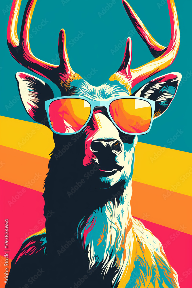 Reindeer with sunglasses in a pub, pop art, flat colors сreated with Generative Ai