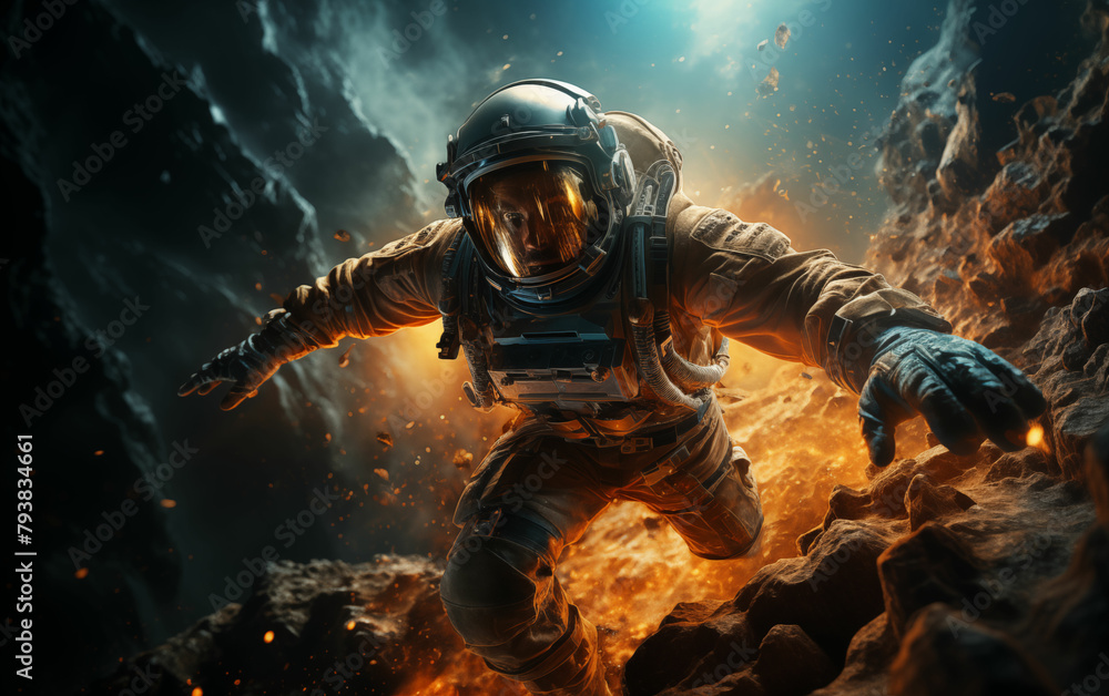 Fototapeta premium Astronaut in space suit standing in cave. Generative AI