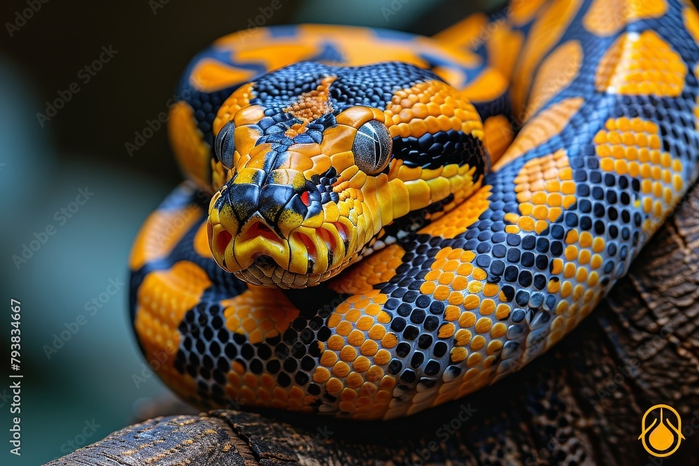 Burmese Python: Coiled around a tree branch with a distinctive pattern, representing exoticism. Burmese Python: Coiled around a tree branch with a distinctive pattern, representing exoticism.