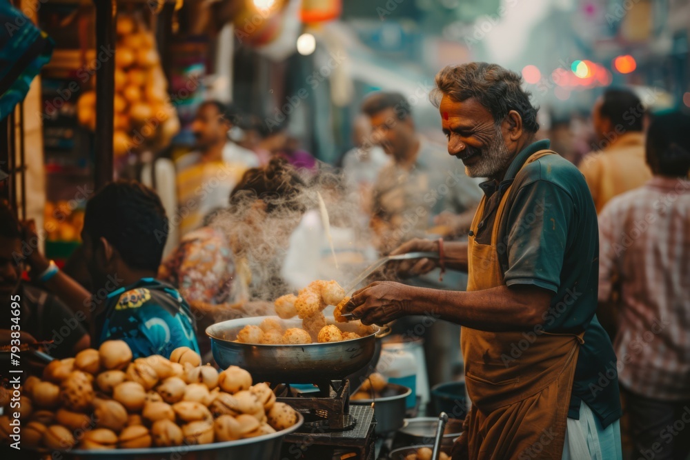 Bustling Street Food Market in India Featuring a Joyful Vendor Cooking