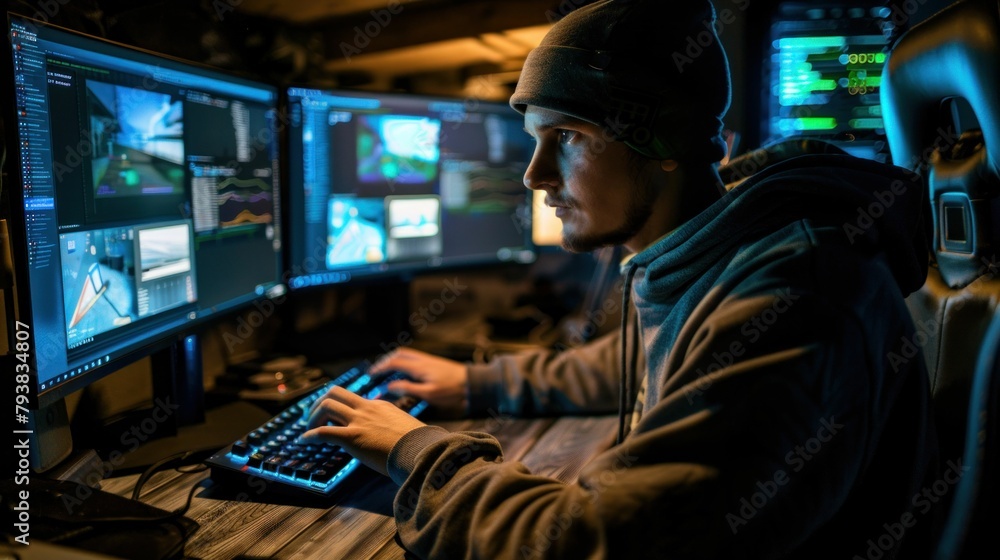 A man in a hoodie working at a computer with multiple monitors and keyboard in a modern office setting