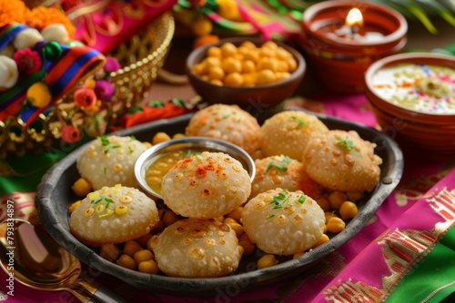 Top View of a Festive Table Featuring a Plate of Decorated Pani Puri in a Colorful Setting