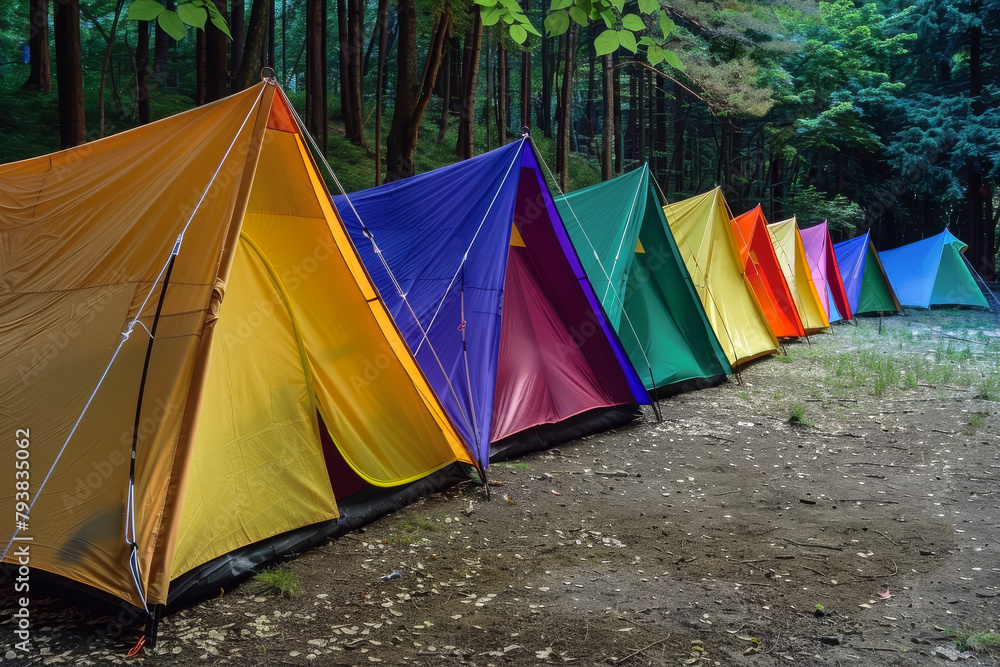 Colorful Tents at a Summer Campsite, the Bright Colors Amidst Nature Symbolizing the Fun of Camping, A Vibrant Outdoor Scene
