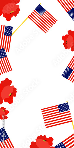 American flags with poppies flowers banner