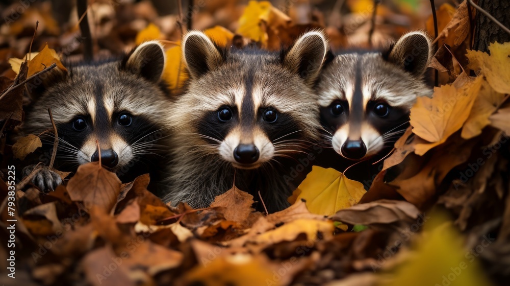Three raccoons peeking mischievously from a pile of autumn leaves