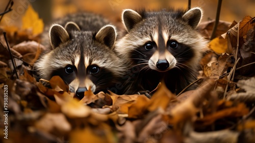 Two raccoons of similar size standing side by side in a forest setting