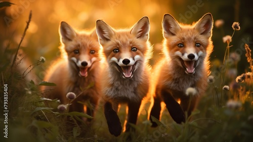A pack of foxes gracefully dashing through a vast field under the golden sun