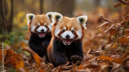 Two red pandas gracefully walk through a carpet of colorful autumn leaves