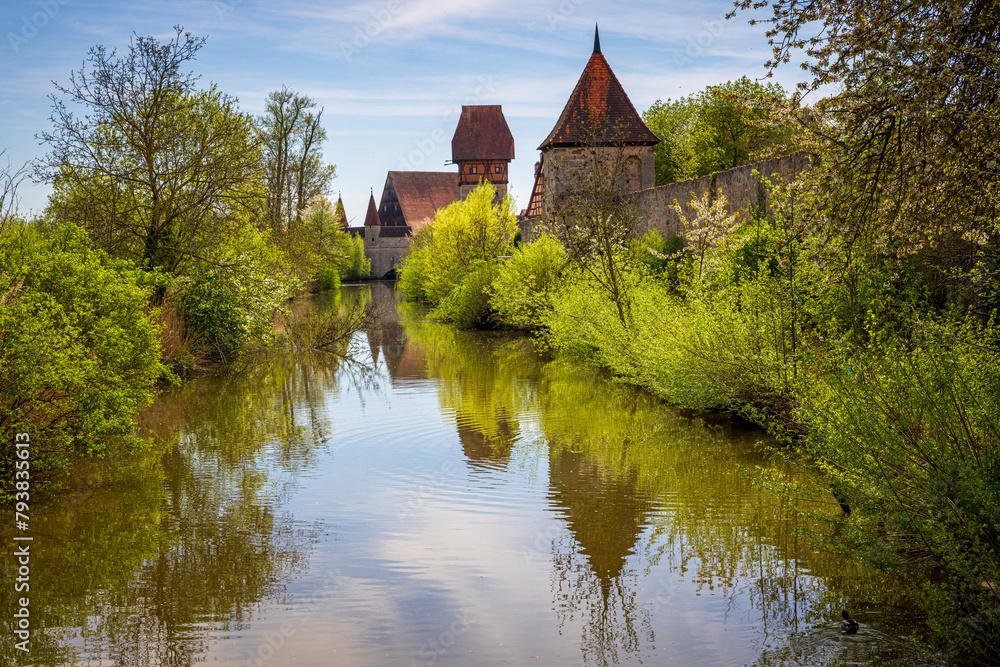 Fototapeta premium old castle and ancient city wall in the park of dinkelsbühl germany with reflection in the river