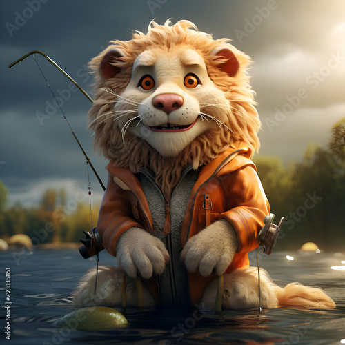 Funny cartoon lion in orange jacket with fishing rod on the river. photo