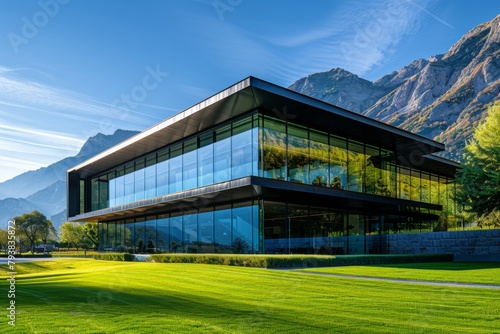 Modern buildings and lawns at the foot of the hill