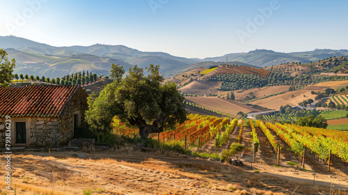 Countryside with vineyards in Douro river valley 