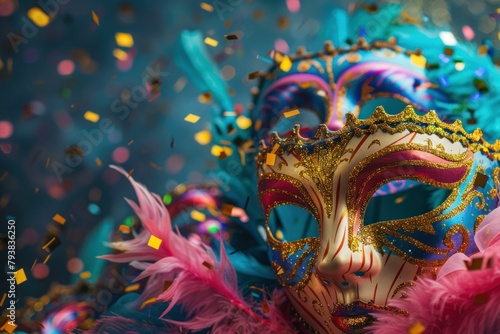 Colorful carnival mask with feathers and confetti on a dark background