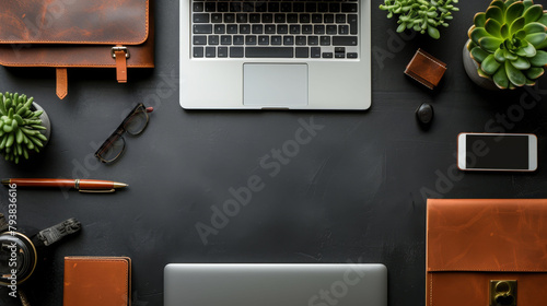Black desk with laptop, leather bag, camera, glasses, pen, smartphone and plants.