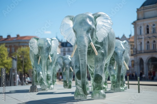 Large glass statues of elephants in the middle of the city. Statues of a Glass elephants