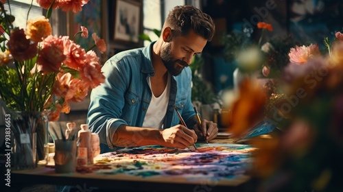 A man sits at a table adorned with vibrant flowers, surrounded by an array of colorful paints