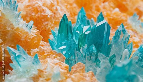 Cluster of emerald and orange crystals, abstract close-up background