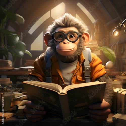 Cute monkey reading a book in a library   3D render photo