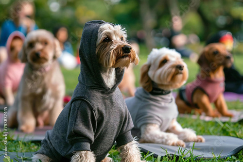 Group of cool cats in hoodie yoga class in urban park for summer relaxation and mindfulness retreat photo