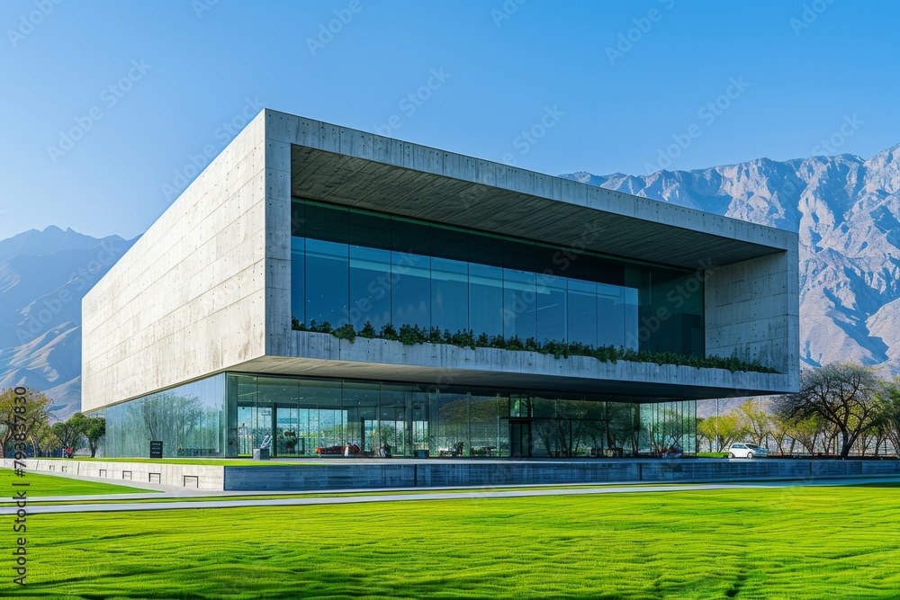 Fototapeta premium Modern buildings and lawns at the foot of the hill