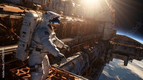 An astronaut in a futuristic space suit stands on the edge of a space station, gazing out into the vast unknown