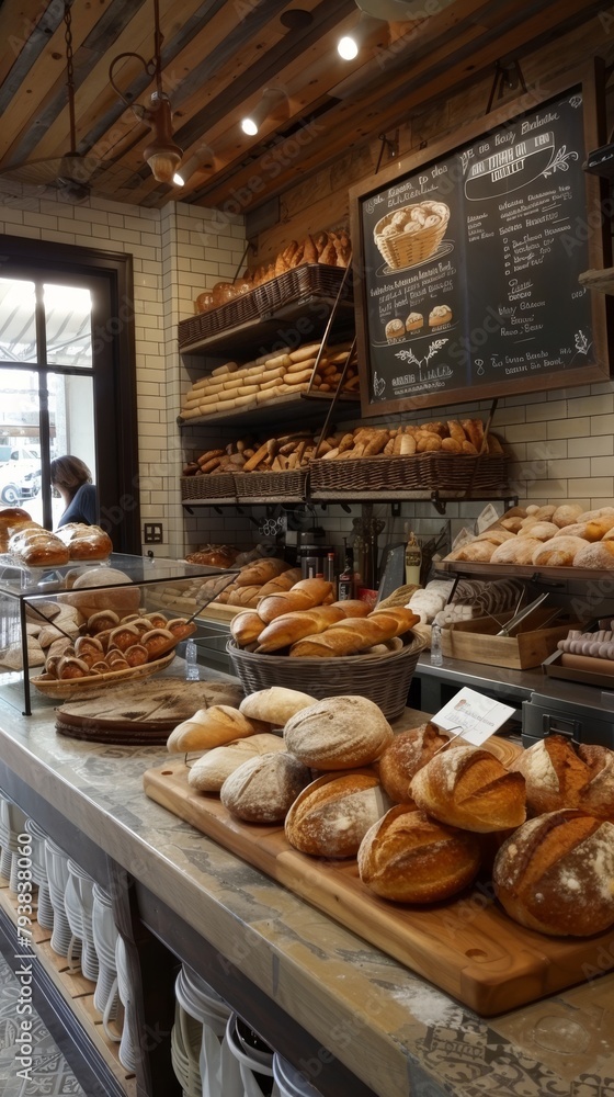 An image of a bakery with shelves of bread and pastries, and a chalkboard menu on the wall behind the counter.