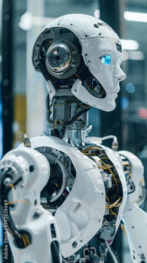 Fototapeta premium An image of a realistic robot with blue glowing eyes and exposed mechanical parts.