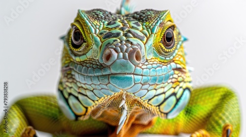 A close up portrait of a Green iguana  Iguana iguana  on a white background  Limon province  Costa Rica