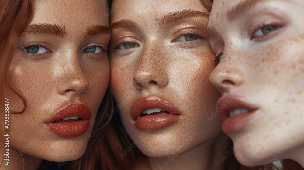 Portrait of three women with freckles on their faces and one with freckles on her lips, showcasing natural beauty Portrait of three women with freckles on their faces and one with freckles on her lips, showcasing natural beauty